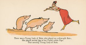 Houve uma jovem dama de Bute, que tocou em uma flauta de prata dourada, de "Um livro de bobagens", publicado por Frederick Warne and Co., Londres, c.1875 de Edward Lear